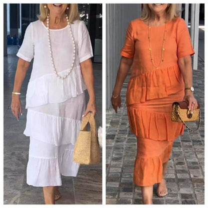🔥HOT Sale🔥Women's Pleated Tiered Round Neck Solid Dress