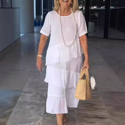 🔥HOT Sale🔥Women's Pleated Tiered Round Neck Solid Dress
