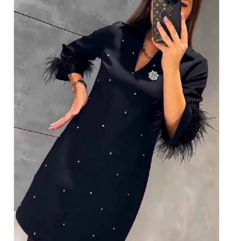 ✨New Arrival✨V-Neck Dress with Rhinestone Faux Feather Decoration