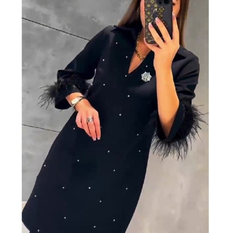 ✨New Arrival✨V-Neck Dress with Rhinestone Faux Feather Decoration