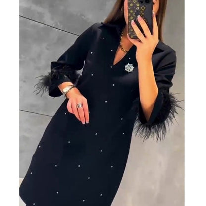 ✨New Arrival✨V-Neck Dress with Rhinestone Faux Feather Decoration