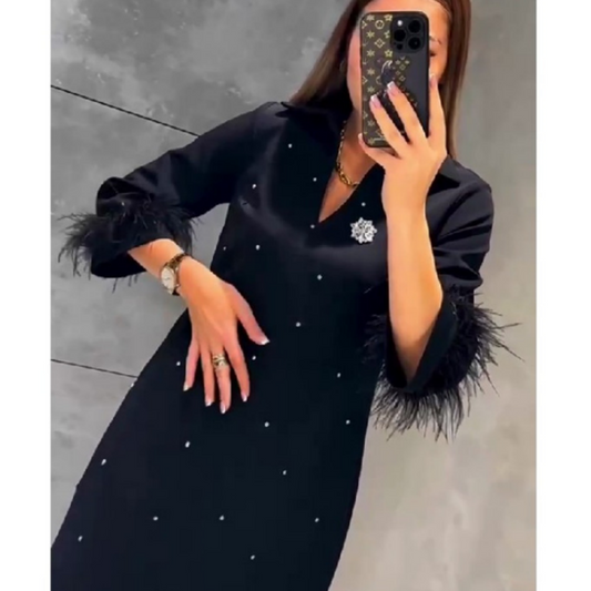 ✨New Arrival✨V-Neck Dress with Rhinestone Faux Feather Decoration