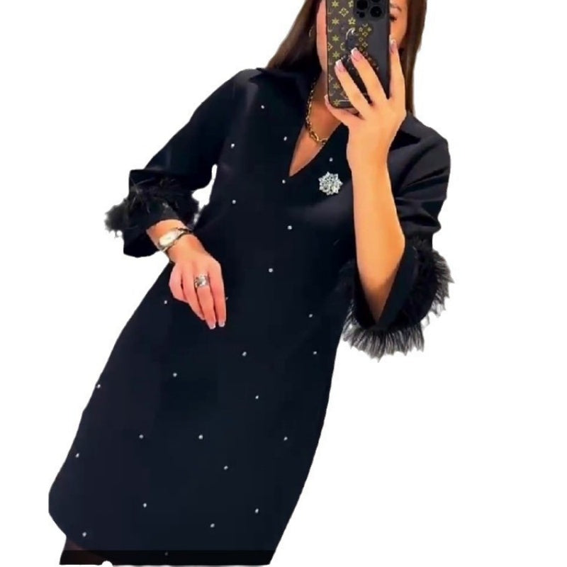 ✨New Arrival✨V-Neck Dress with Rhinestone Faux Feather Decoration