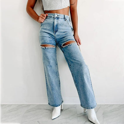 🔥Autumn new style 60% OFF🔥Women’s Rhinestone Ripped Straight-leg Jeans