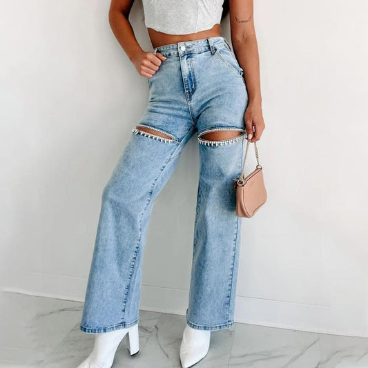 🔥Autumn new style 60% OFF🔥Women’s Rhinestone Ripped Straight-leg Jeans