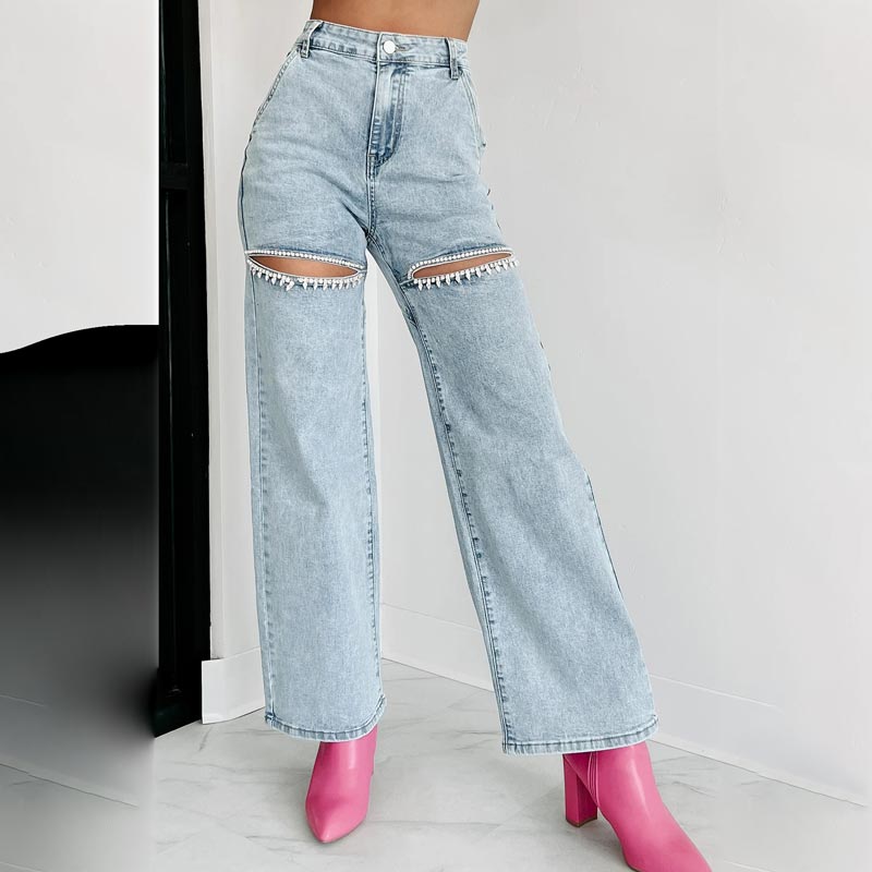 🔥Autumn new style 60% OFF🔥Women’s Rhinestone Ripped Straight-leg Jeans