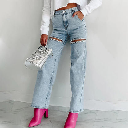 🔥Autumn new style 60% OFF🔥Women’s Rhinestone Ripped Straight-leg Jeans