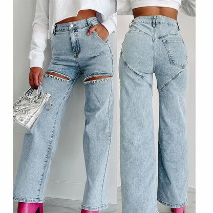 🔥Autumn new style 60% OFF🔥Women’s Rhinestone Ripped Straight-leg Jeans