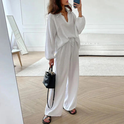 ✨Hot Sale 54% OFF✨Solid Colours 2 Piece Casual Set - V-Neck Top and Wide Leg Trousers