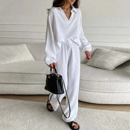 ✨Hot Sale 54% OFF✨Solid Colours 2 Piece Casual Set - V-Neck Top and Wide Leg Trousers