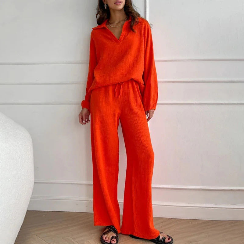 ✨Hot Sale 54% OFF✨Solid Colours 2 Piece Casual Set - V-Neck Top and Wide Leg Trousers