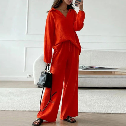 ✨Hot Sale 54% OFF✨Solid Colours 2 Piece Casual Set - V-Neck Top and Wide Leg Trousers