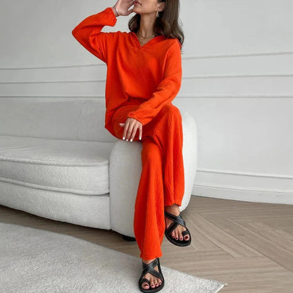 ✨Hot Sale 54% OFF✨Solid Colours 2 Piece Casual Set - V-Neck Top and Wide Leg Trousers