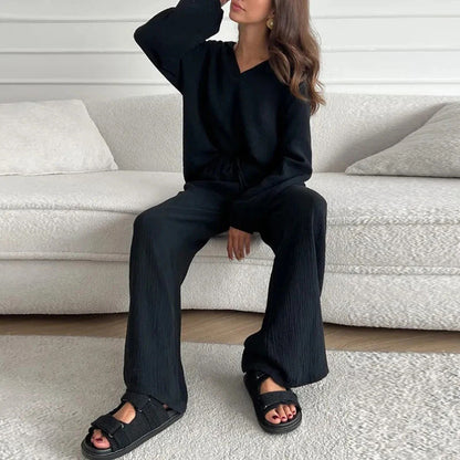 ✨Hot Sale 54% OFF✨Solid Colours 2 Piece Casual Set - V-Neck Top and Wide Leg Trousers