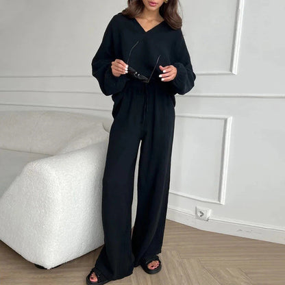 ✨Hot Sale 54% OFF✨Solid Colours 2 Piece Casual Set - V-Neck Top and Wide Leg Trousers