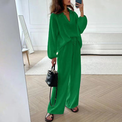 ✨Hot Sale 54% OFF✨Solid Colours 2 Piece Casual Set - V-Neck Top and Wide Leg Trousers