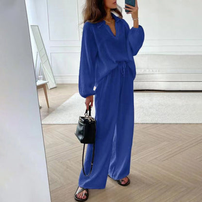 ✨Hot Sale 54% OFF✨Solid Colours 2 Piece Casual Set - V-Neck Top and Wide Leg Trousers