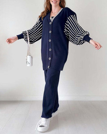 🌷Limited Time 43% OFF💞Balloon Sleeve Striped Knitwear Cardigan & Pants Two-piece Set