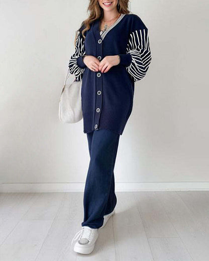 🌷Limited Time 43% OFF💞Balloon Sleeve Striped Knitwear Cardigan & Pants Two-piece Set