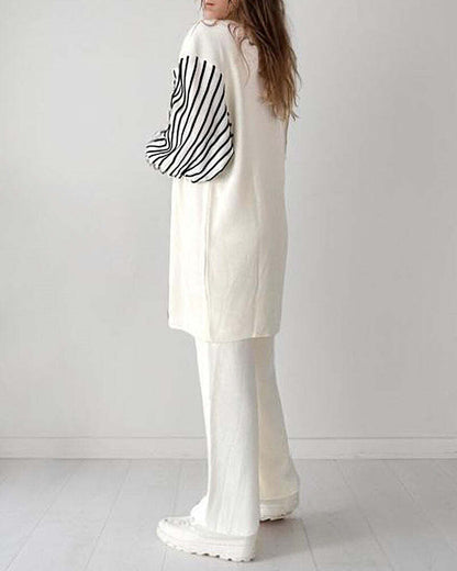 🌷Limited Time 43% OFF💞Balloon Sleeve Striped Knitwear Cardigan & Pants Two-piece Set