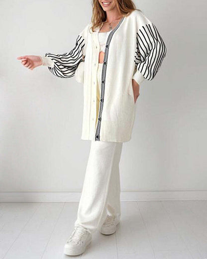 🌷Limited Time 43% OFF💞Balloon Sleeve Striped Knitwear Cardigan & Pants Two-piece Set