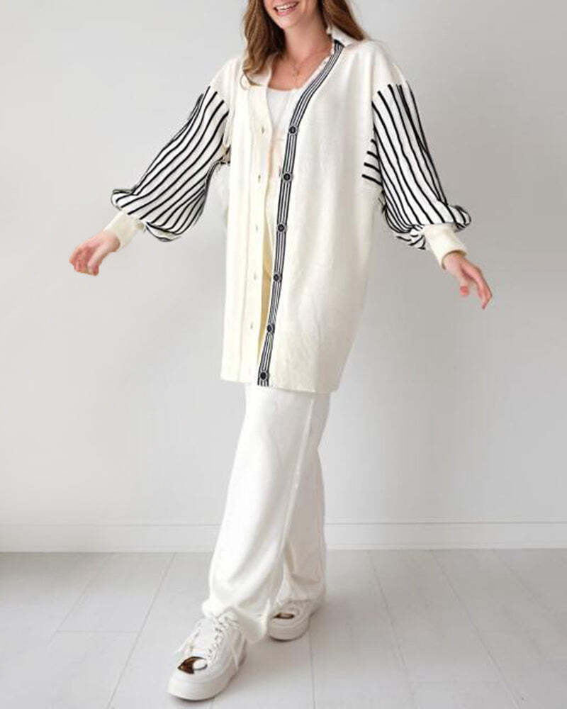 🌷Limited Time 43% OFF💞Balloon Sleeve Striped Knitwear Cardigan & Pants Two-piece Set