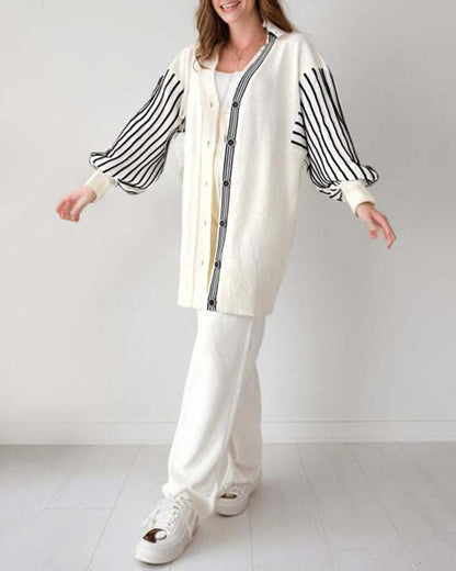 🌷Limited Time 43% OFF💞Balloon Sleeve Striped Knitwear Cardigan & Pants Two-piece Set