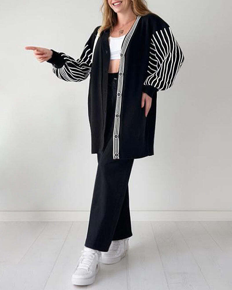 🌷Limited Time 43% OFF💞Balloon Sleeve Striped Knitwear Cardigan & Pants Two-piece Set