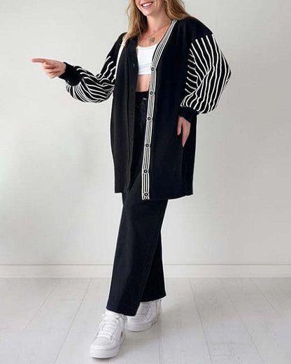 🌷Limited Time 43% OFF💞Balloon Sleeve Striped Knitwear Cardigan & Pants Two-piece Set