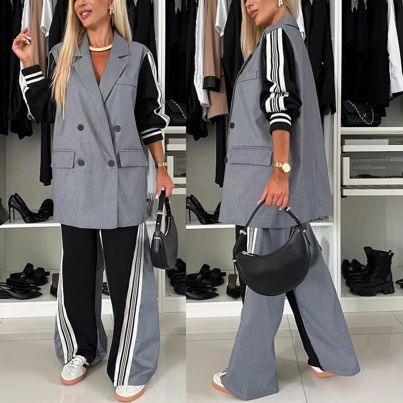 ✨New Arrival✨Women’s Casual Patchwork Double-breasted Notched Lapel Blazer and Wide-leg Pants Set