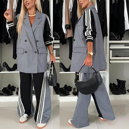 ✨New Arrival✨Women’s Casual Patchwork Double-breasted Notched Lapel Blazer and Wide-leg Pants Set