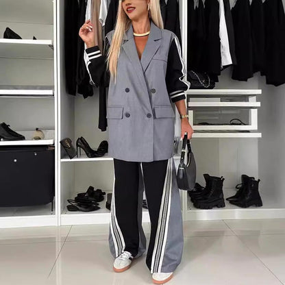 ✨New Arrival✨Women’s Casual Patchwork Double-breasted Notched Lapel Blazer and Wide-leg Pants Set