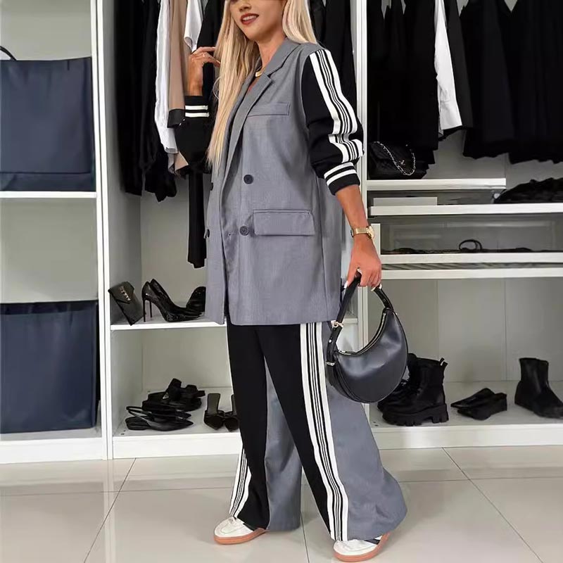 ✨New Arrival✨Women’s Casual Patchwork Double-breasted Notched Lapel Blazer and Wide-leg Pants Set