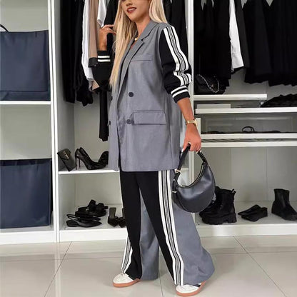 ✨New Arrival✨Women’s Casual Patchwork Double-breasted Notched Lapel Blazer and Wide-leg Pants Set