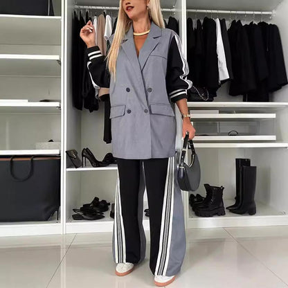 ✨New Arrival✨Women’s Casual Patchwork Double-breasted Notched Lapel Blazer and Wide-leg Pants Set