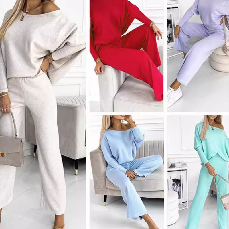 🍁Nieuwe releases in de herfst🍁Set van effenkleurige damestrui met verlaagde schouders en losse broek
