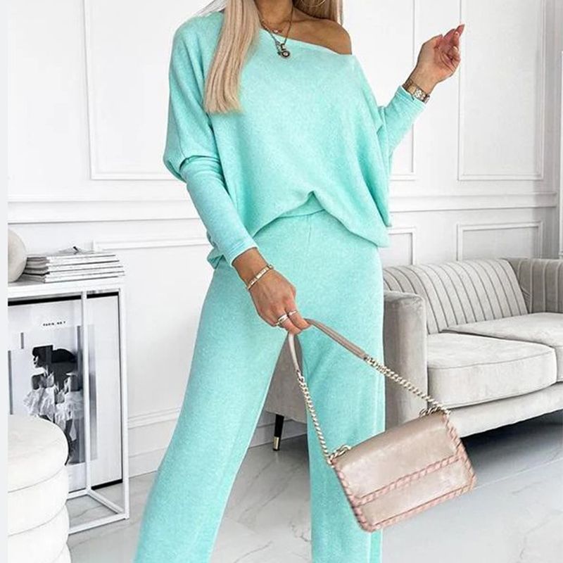 🍁Nieuwe releases in de herfst🍁Set van effenkleurige damestrui met verlaagde schouders en losse broek