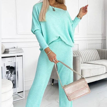 🍁Nieuwe releases in de herfst🍁Set van effenkleurige damestrui met verlaagde schouders en losse broek