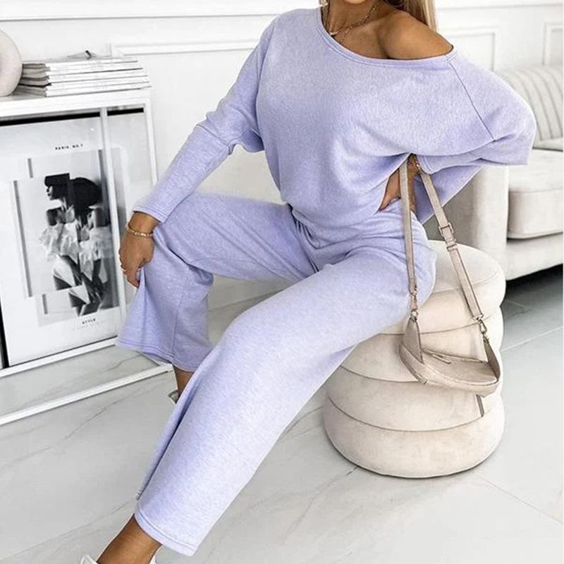 🍁Nieuwe releases in de herfst🍁Set van effenkleurige damestrui met verlaagde schouders en losse broek