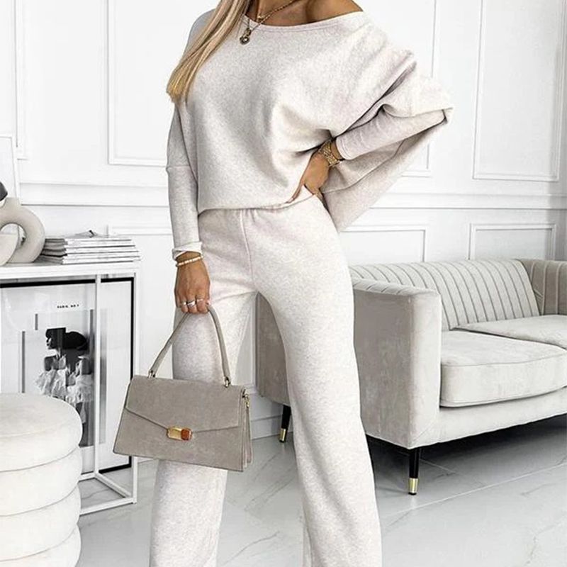 🍁Nieuwe releases in de herfst🍁Set van effenkleurige damestrui met verlaagde schouders en losse broek