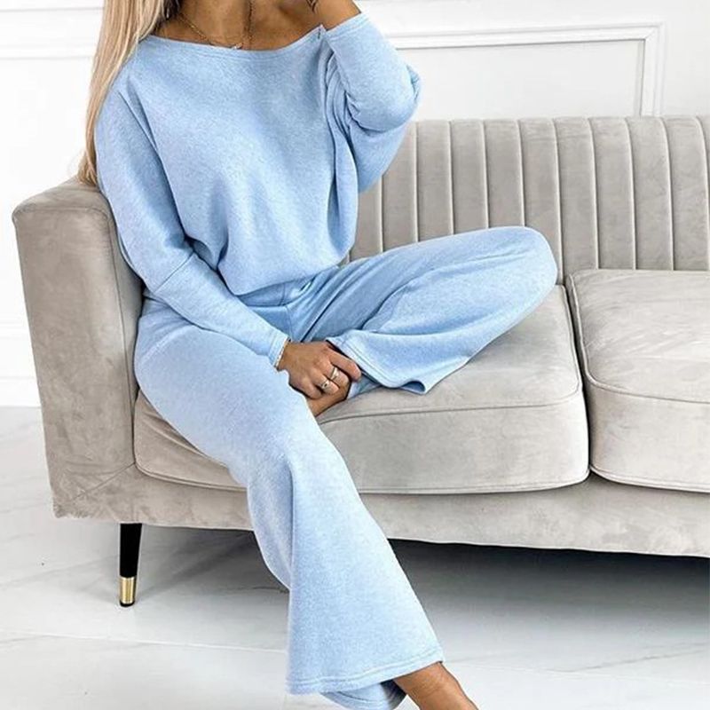 🍁Nieuwe releases in de herfst🍁Set van effenkleurige damestrui met verlaagde schouders en losse broek