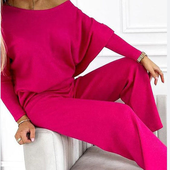 🍁Nieuwe releases in de herfst🍁Set van effenkleurige damestrui met verlaagde schouders en losse broek