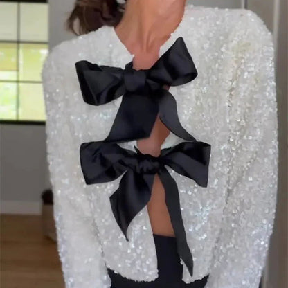 ✨New Arrival✨Gift Choice - Women's Tie Front Long Sleeve Sequin Short Jacket