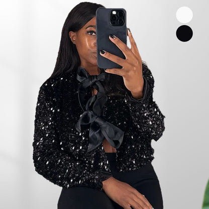 ✨New Arrival✨Gift Choice - Women's Tie Front Long Sleeve Sequin Short Jacket