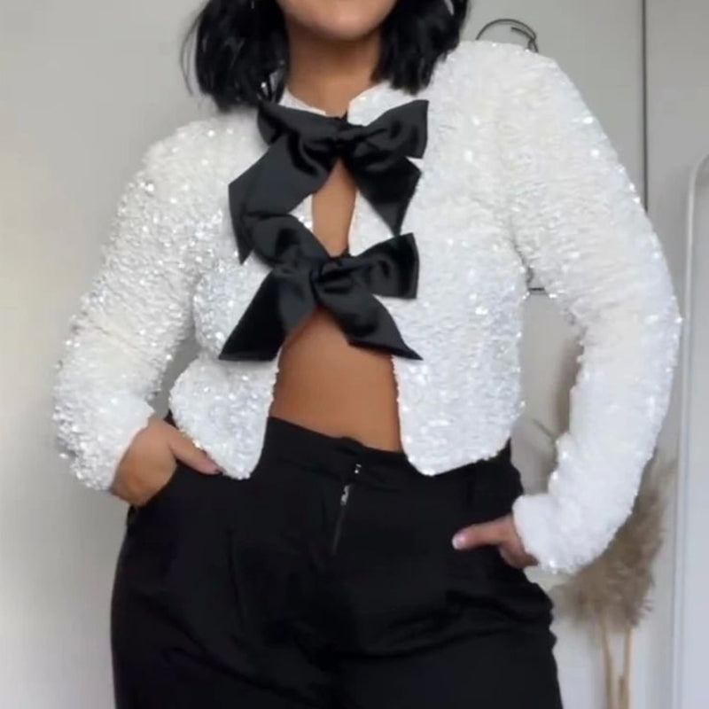✨New Arrival✨Gift Choice - Women's Tie Front Long Sleeve Sequin Short Jacket