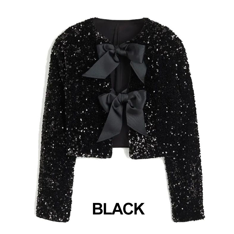 ✨New Arrival✨Gift Choice - Women's Tie Front Long Sleeve Sequin Short Jacket