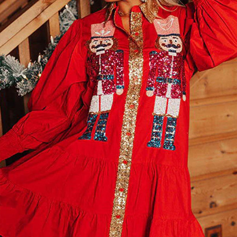 🔥HOT Sale🔥Nutcracker Sequined Button-Down Long Sleeve Mini Dress
