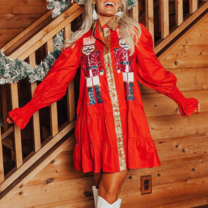 🔥HOT Sale🔥Nutcracker Sequined Button-Down Long Sleeve Mini Dress