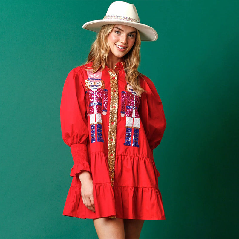 🔥HOT Sale🔥Nutcracker Sequined Button-Down Long Sleeve Mini Dress