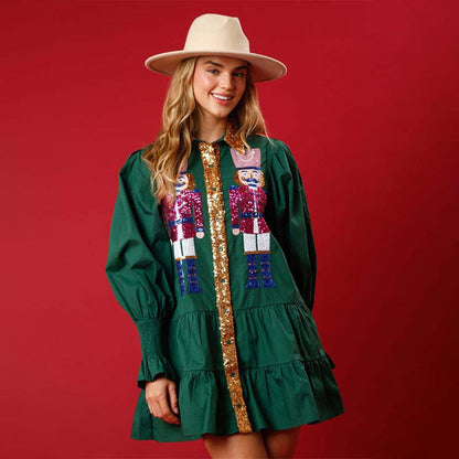 🔥HOT Sale🔥Nutcracker Sequined Button-Down Long Sleeve Mini Dress